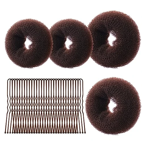 URAQT Machine à pain donut, 4PCS Cheveux Donuts Chignons et 30 Épingles à Cheveux, Machine à Chignon pour les Danseurs, les Enfants, les Filles et les Femmes, 6+8CM(Marron foncé)