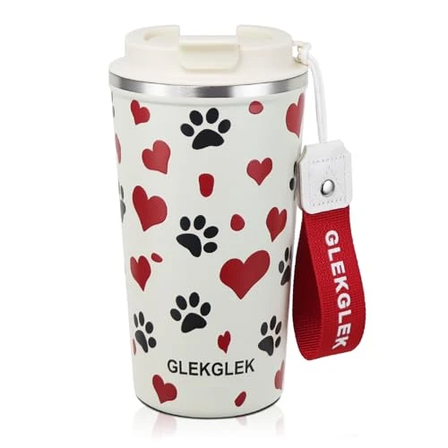GLEKGLEK Mug Isotherme Café 500ml, Mug de Voyage pour Boissons Chaudes Double Paroi Anti-déversement Motif Cœur Original Tasse Cafe pour Garçon Fille Cadeau