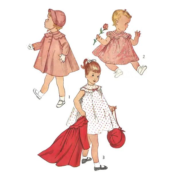 Patron de couture des années 1950 : Robe, manteau et bonnet pour fille, enfant en bas âge - Poitrine 21" (53,3 cm)