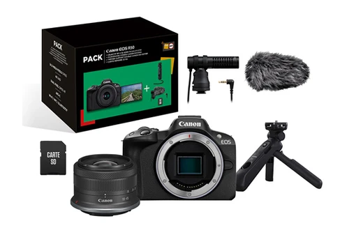 Canon Pack eos R50 + rf-s 18-45mm f/4.5-6.3 is stm + micro + trépied + télécommande + carte sd + chargeur Appareil photo hybride