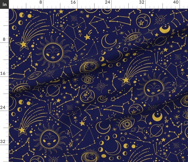 Fabric in Large Black & Yellow Astrological Pattern - Constellations Planets & Stars
