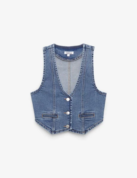 Veste courte en jean sans manches bleu