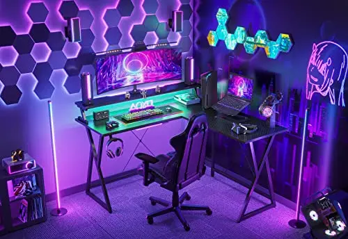 CubiCubi Bureau d'angle Gamer Gaming Informatique - 130*130 cm Table en Forme L avec LED Ruban et Long Support d'écran, Crochet pour Casque, pour Etudier, Jouer, Travailler, Chambre, Domicile, Salon