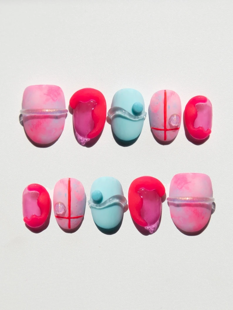 Produits à presser en gelée néon, faux ongles faits main de qualité supérieure, forme ovale, bleu pastel, décoration d'ongles japonais 3D, bonbon