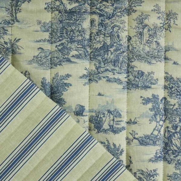 Tissu matelassé réversible toile de jouy et rayures