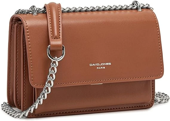 David Jones - Petit Sac Bandoulière Chaînes Femme - Mini Pochette Téléphone Portable Cuir PU Rigide - Besace Rectangle Soirée Shopping Ville Tendance - Marron Cognac