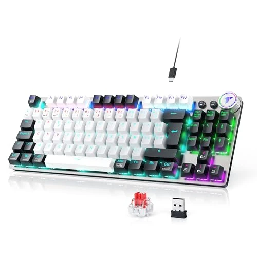 TECURS Clavier Gamer Mécanique sans Fil Rétroéclairé, 80% TKL Clavier Gaming Filaire AZERTY, Câble USB-C + 2,4G Clavier, Switchs Rouges, Anti-Ghosting, Clavier Gaming pour Ordinateur/PC/Windows/Xbox