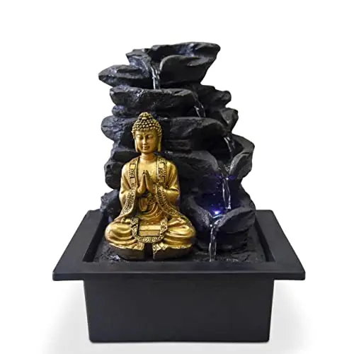Fontaine Bouddha Shira – Fontaine d’Intérieur Bouddha Amovible Lumière LED – Cadeaux - Déco Bureau Chambre Salon - Fontaine de Table – Circuit fermé – Marron et Dorée – H 26cm – Zen’Light
