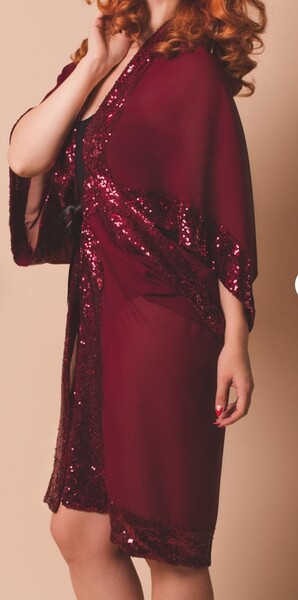 Kimono Bathrobe Burgundy Beach Dress Bride Gift Light Chiffon After Home Orient Retro Vintage Sequins Hot For Summer Sexy Wedding Peniuar
