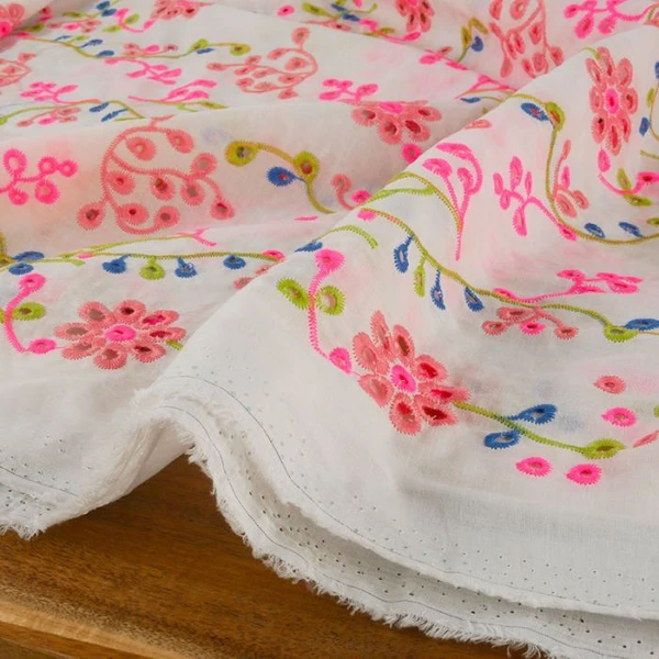 Tissu Broderie Anglaise à Fleurs Fluo - Blanc | Léger & Coloré