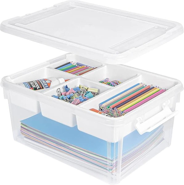 Creahaus Boîte de rangement multifonction de 17 l avec plateau amovible, boîte de rangement en plastique avec compartiments, étui de rangement portable pour couture, perles, médicaments, outils