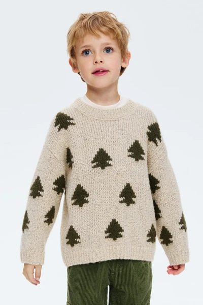 Pull en maille jacquard - Beige/sapins de Noël - ENFANT | H&M FR