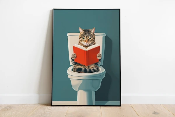 Impression de livre de lecture de chat assis sur les toilettes, affiche de salle de bain chat drôle, oeuvre d'art mignon chaton, décoration murale de salle de bain toilettes, cadeau pour les amoureux des chats