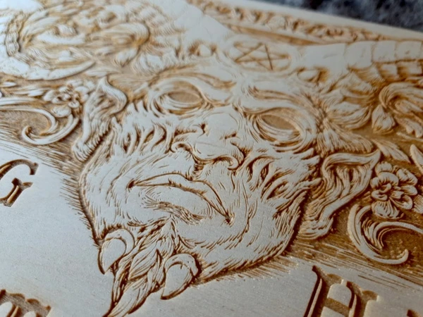 Ouija board with demon and skulls, spirit board, wooden engraving, baphomet ouija, devil lucifer ouija planchette board vintage design