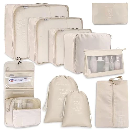 Snarflun Organisateur de Valise, Lot de 10 Organiseurs de Bagage pour Voyage, Packing Cubes, Voyage Imperméable Set, Rangement Valise, Sacs à Vêtements, Sacs à Chaussures, Cosmétiques (Beige)