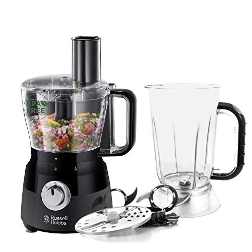 Russell Hobbs Robot Cuisine Multifonction, Hâche, Mixe, Tranche, Râpe, Lames Pétrin, Batteur, Compatible Lave-Vaisselle, 7 Accessoires - Noir 24732-56 Matte Black