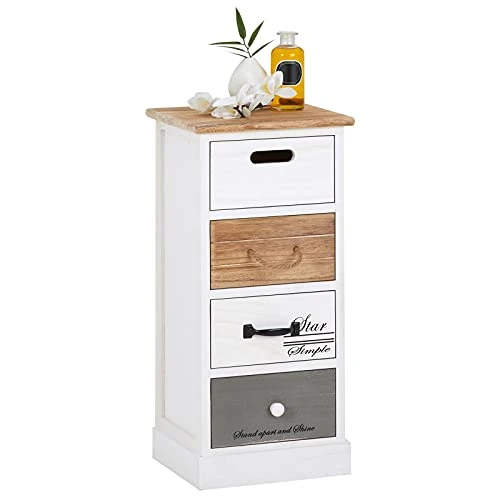 IDIMEX Chiffonnier Salva étagère de Rangement avec 4 tiroirs en Bois de Paulownia Style Shabby Chic Vintage Rustique Blanc Brun Gris