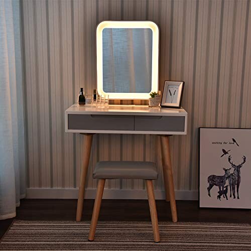 Table de coiffeuse maquillage blanc avec miroir éclairage LED