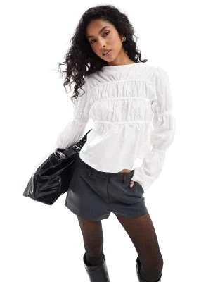 ASOS DESIGN - Blouse en popeline à manches froncées - Blanc