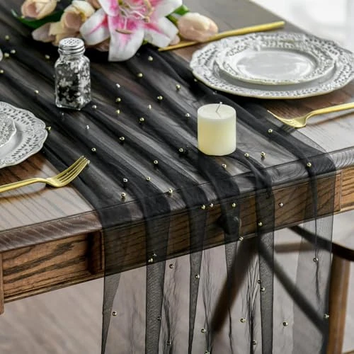 Artoid Mode - Chemin de table en tulle noir avec perles - 70x300 cm - Décoration de table pour la cuisine - Décoration intérieure - Décoration de mariage, anniversaire, fête