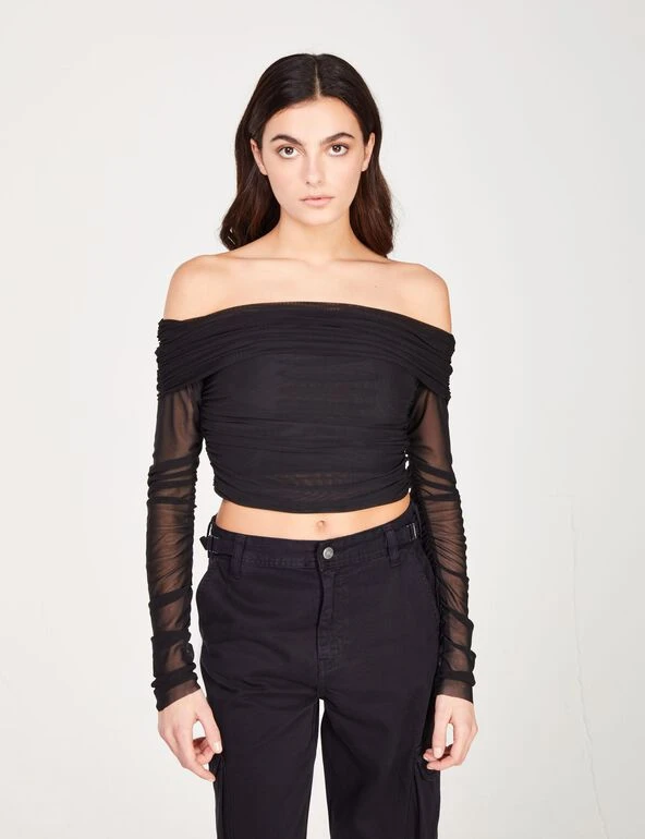 T-shirt à fronces en tulle noir