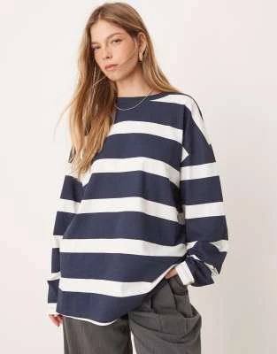 ASOS DESIGN - T-shirt à manches longues - Bleu marine rayé