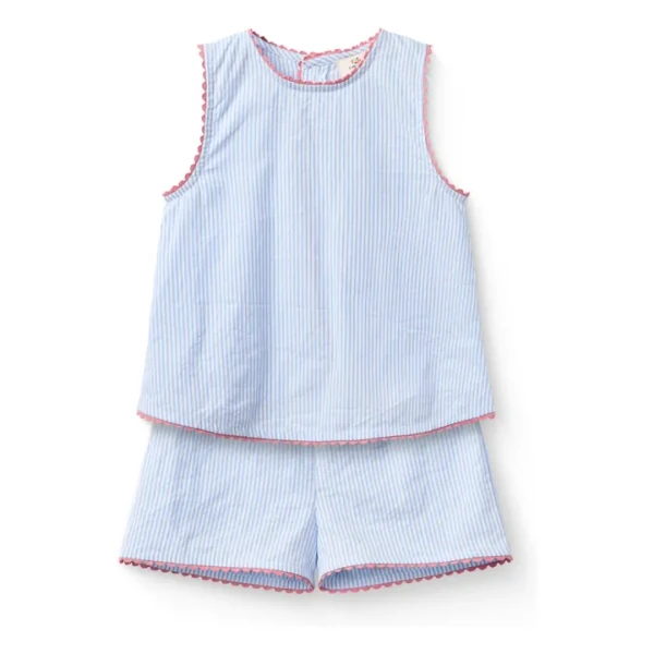 Ensemble Top et Short Feston Rayé Seersucker Coton Bio | Bleu ciel
