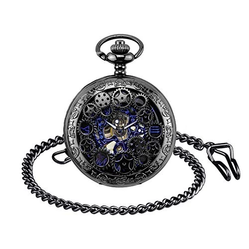 Unendlich U Montre de Poche mécanique Homme, Montre de Poche Vintage, Steampunk Gears Séries Squelette Cadran en Chiffres Romains, Boîtier d'acier Inoxydable Noir, pour Homme Femme