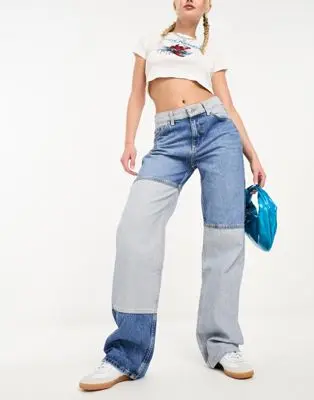 Mango - Jean mom effet color block - Bleu clair | ASOS