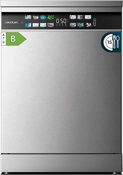 Cecotec Lave-vaisselle 60cm Bolero Aguazero 6700 Inox B Lave-vaisselle inox, 15 couverts, Classe B, Moteur Inverter Plus, O2 Dry, Lavage Double Zone, Plateau Ajustable, Stockage Long et Turbo Dry+. [Classe énergétique B]