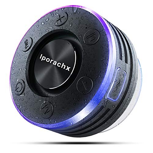Enceinte Bluetooth Douche Portable, IP7 Étanche Enceinte Douche LED Lumière Fonction, TWS Stéréo Haut Parleur sans Fil HD Bass, Bluetooth 5.0 Enceinte Ventouse puissante FM, Piscine Plage, Cuisine