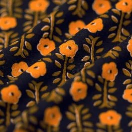 Tissu popeline viscose fleur tige noir