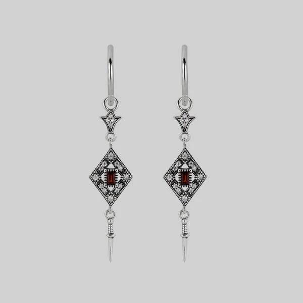 FLAPPER. Gatsby Garnet & Sword Hoop Earrings - Silver