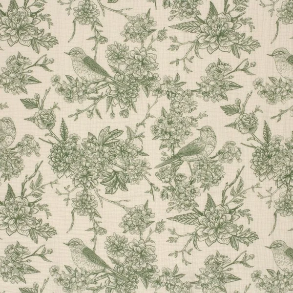 Tissu double gaze toile de jouy vert et écru
