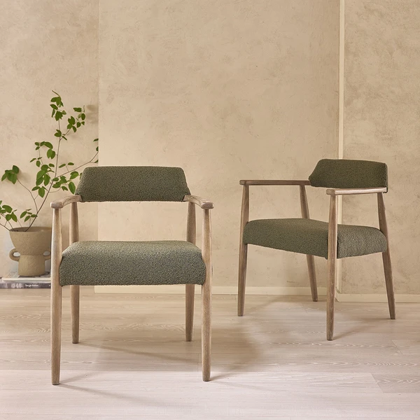 Lot de 2 chaises en chêne et tissu bouclette kaki