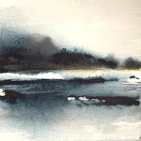 Original ink wash & watercolor abstract landscape art, artwork, drawing on paper. Snowy riverbank scene. Signed, original art.