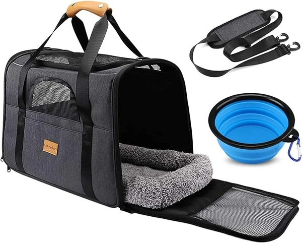 Morpilot Sac Transport Chat Chien, Caisse de Transport Chat Respirant et Pliable Cage Transport Chat avec Matelas en Peluche Amovible + Bol (Accepté au Maximum 15lbs/7kg，44 * 31 * 34cm)
