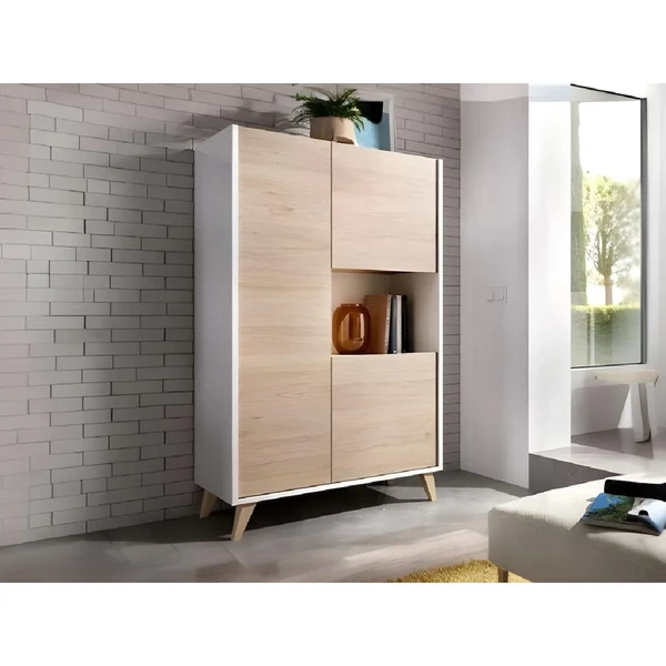 Vente-Unique Buffet haut KOLYMA - 3 portes & 1 niche - Coloris : Chêne & Blanc