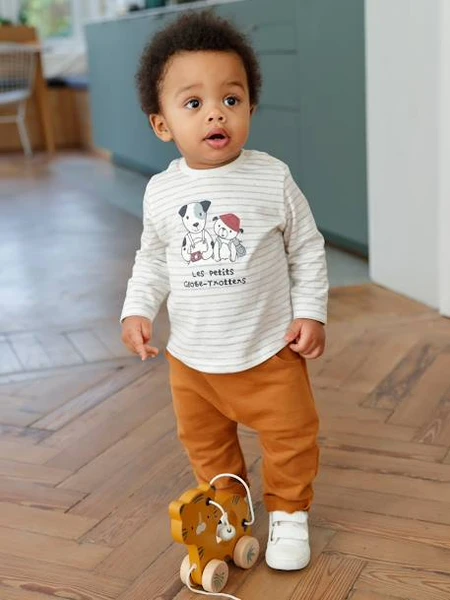 Ensemble T-shirt et pantalon molleton bébé rayé / caramel - Vertbaudet