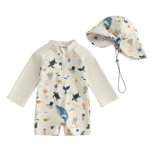 Springcmy Maillot de bain une pièce à manches longues pour bébé garçon avec fermeture éclair et chapeau, Animal marin beige, 6-12 mois