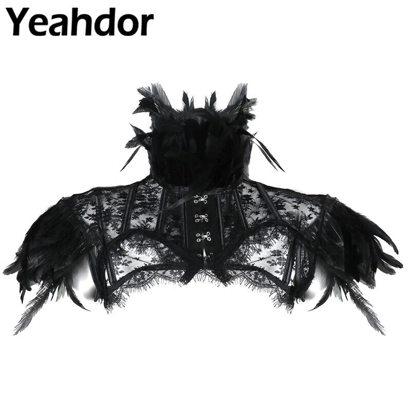 Veste boléro en dentelle pour femmes, hauts, rétro, Punk, gothique, col à plumes, épaules dénudées, Cape, boléro, haut pour fête d'halloween, Costumes gothiques Rave