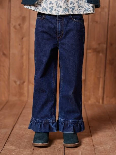 Jean fille large à volants bleu foncé - Vertbaudet