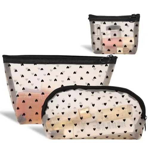 RYMAUP® Lot de 3 trousses de maquillage en maille avec imprimé cœur pour femme - Mini poches en maille à fermeture éclair - Sac d'organisation de voyage portable