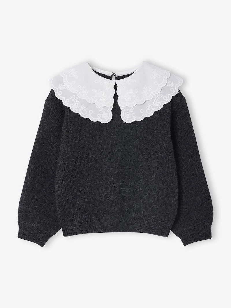 Pull fille double col brodé maille mousseuse anthracite - Vertbaudet