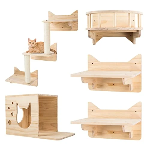MIUZMORE Cadre Mural pour Chat en pin - Lot de 5 Meubles, étagères et perchoirs pour Murs, échelle en sisal, marches et Plateforme de Voyage