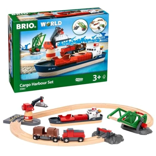 BRIO World - 33061 - Circuit d'Activités Portuaires - Coffret complet 16 pièces avec grue pivotante et pont levant - Bateau inclus - Circuit de train en bois - Jouet mixte dès 3 ans