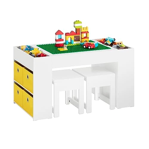 SoBuy Table Enfant avec 2 Chaises, Ensemble Table et Chaises Enfant avec Bacs de Rangement, Chaise Bureau pour Chambre, Table de Bloc de Construction Double Face, Blanc 87x50x50 cm KMB75-W
