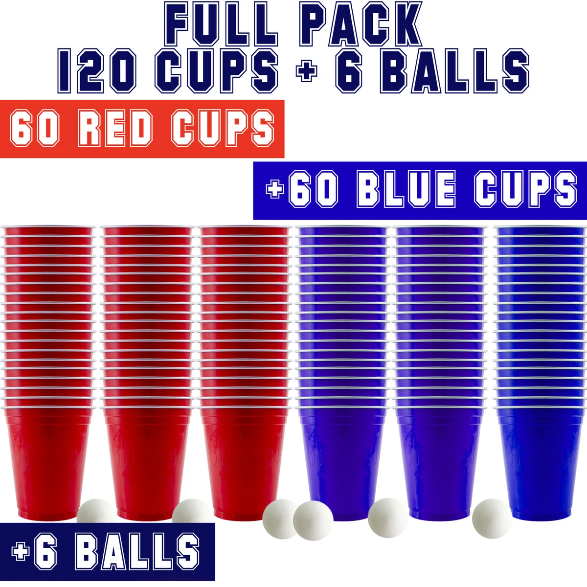 Pack 60 Red Cups + 60 Blue Cups + 6 Balles