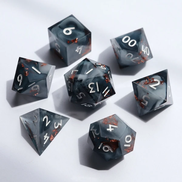 The Terror - smoke dice, handmade resin sharp edge dice set for DnD, D&D, Dungeons and Dragons, RPG dice, dark dice, black and white dice