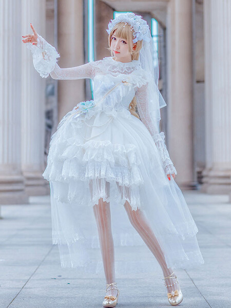 Robe De Mariée Lolita OP Dentelle Manches Longues Volants Robes Lolita Une Pièce
